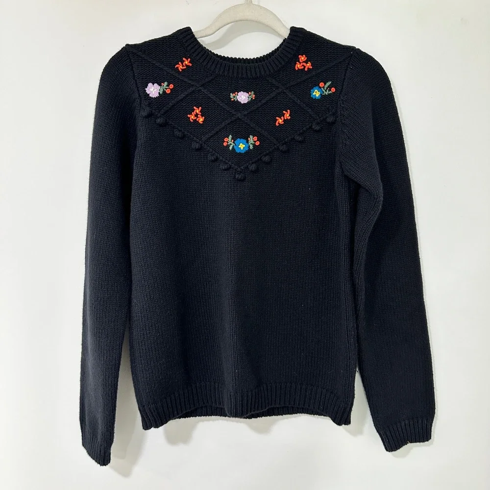Hanna Andersson Floral‎ Embroidered Sweater Kids 160 Black Pom Pom | Cottagecore
